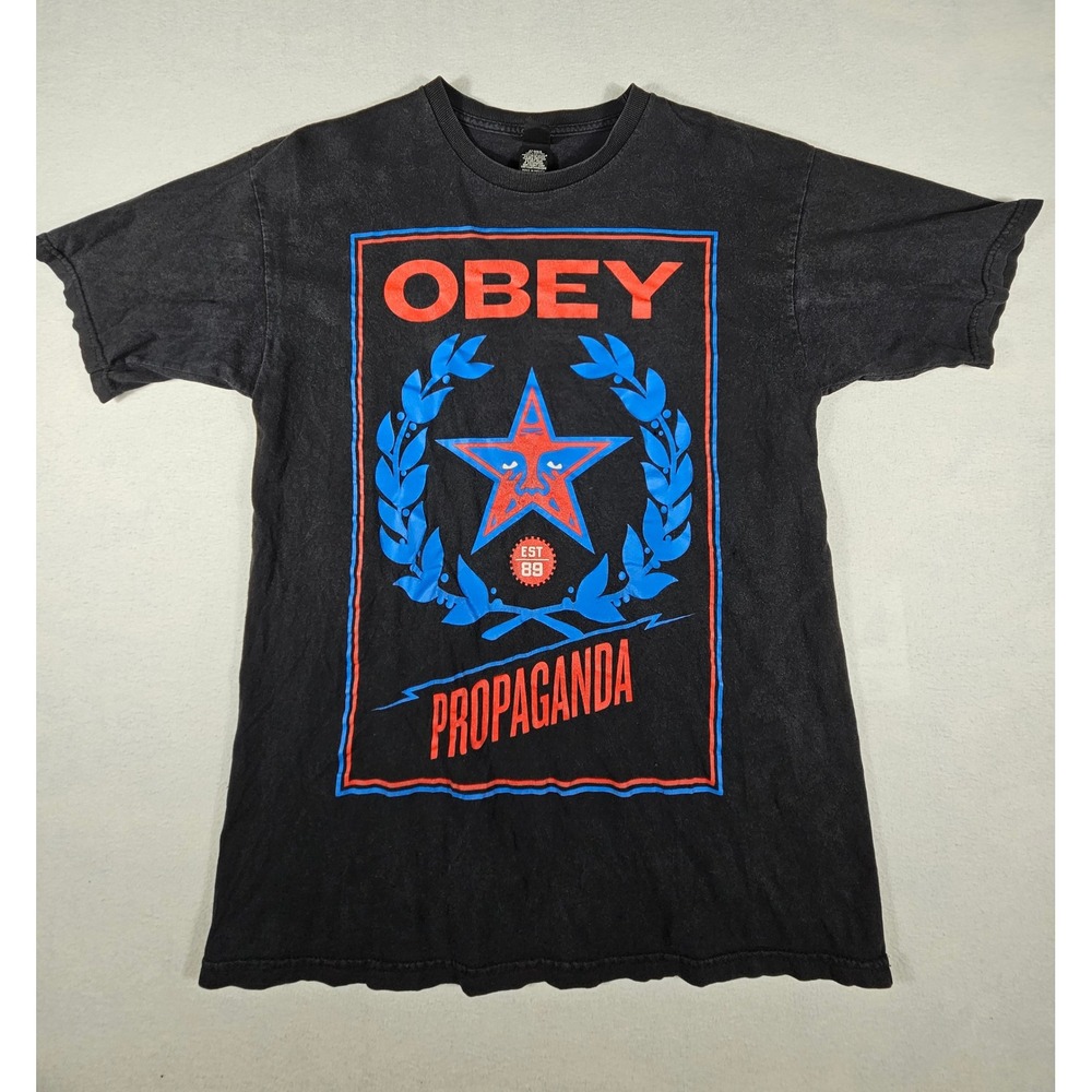 Obey‎ Propaganda Graphic T-Shirt Mens Medium Black Star Logo Streetwear Cotton